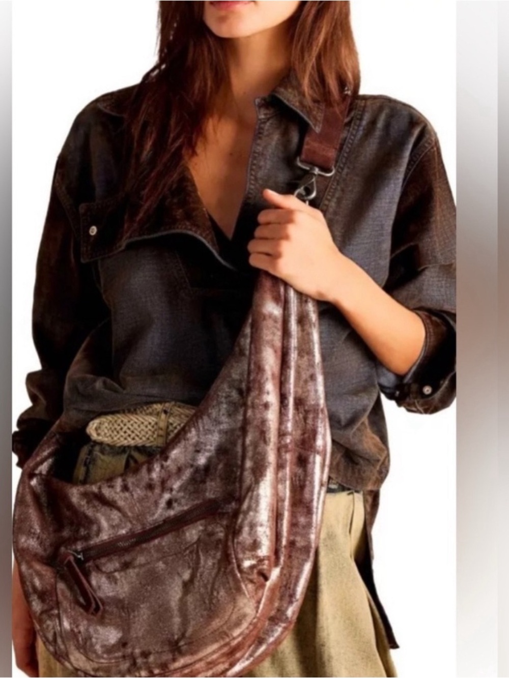 Free People We The Free Pyrite Metallic Brown Leather Sparta Sling Crossbody Bag